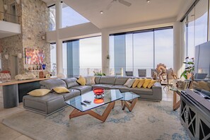 Smart TV, chimenea, libros, estéreo