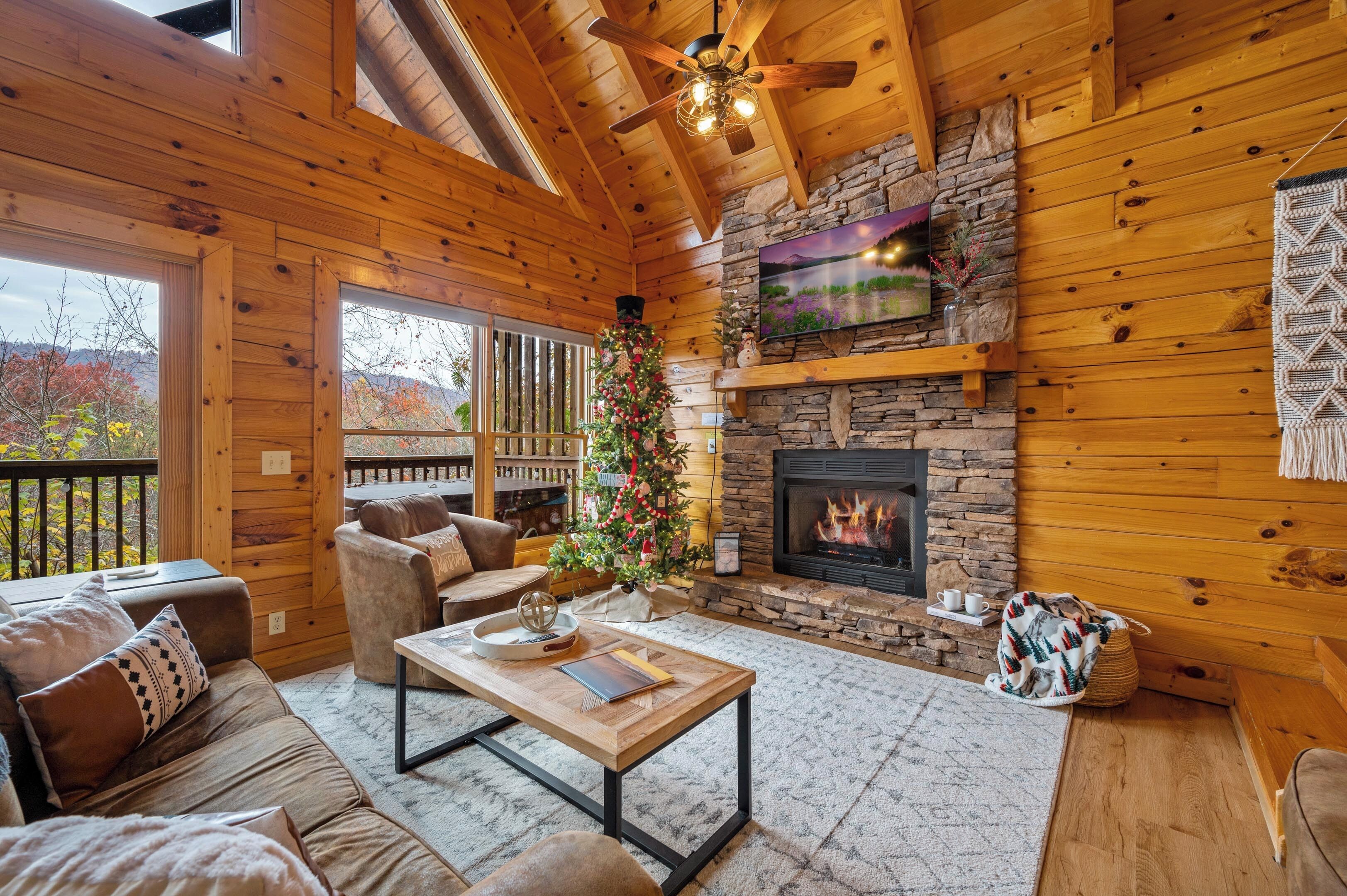 Smart TV, caminetto, libri, impianto stereo