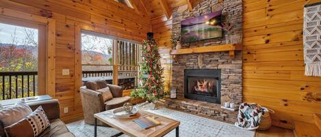 Smart TV, chimenea, libros y estéreo