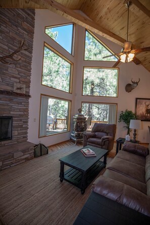 Televisión, chimenea, futbolito y estéreo 