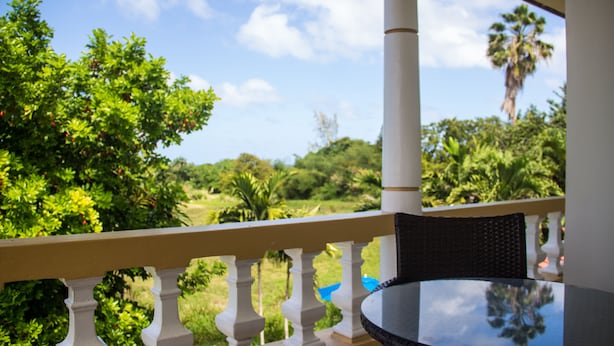 A balcony with a view of a lush garden and palm trees. - Old Cam Lodge (Runaway Bay)