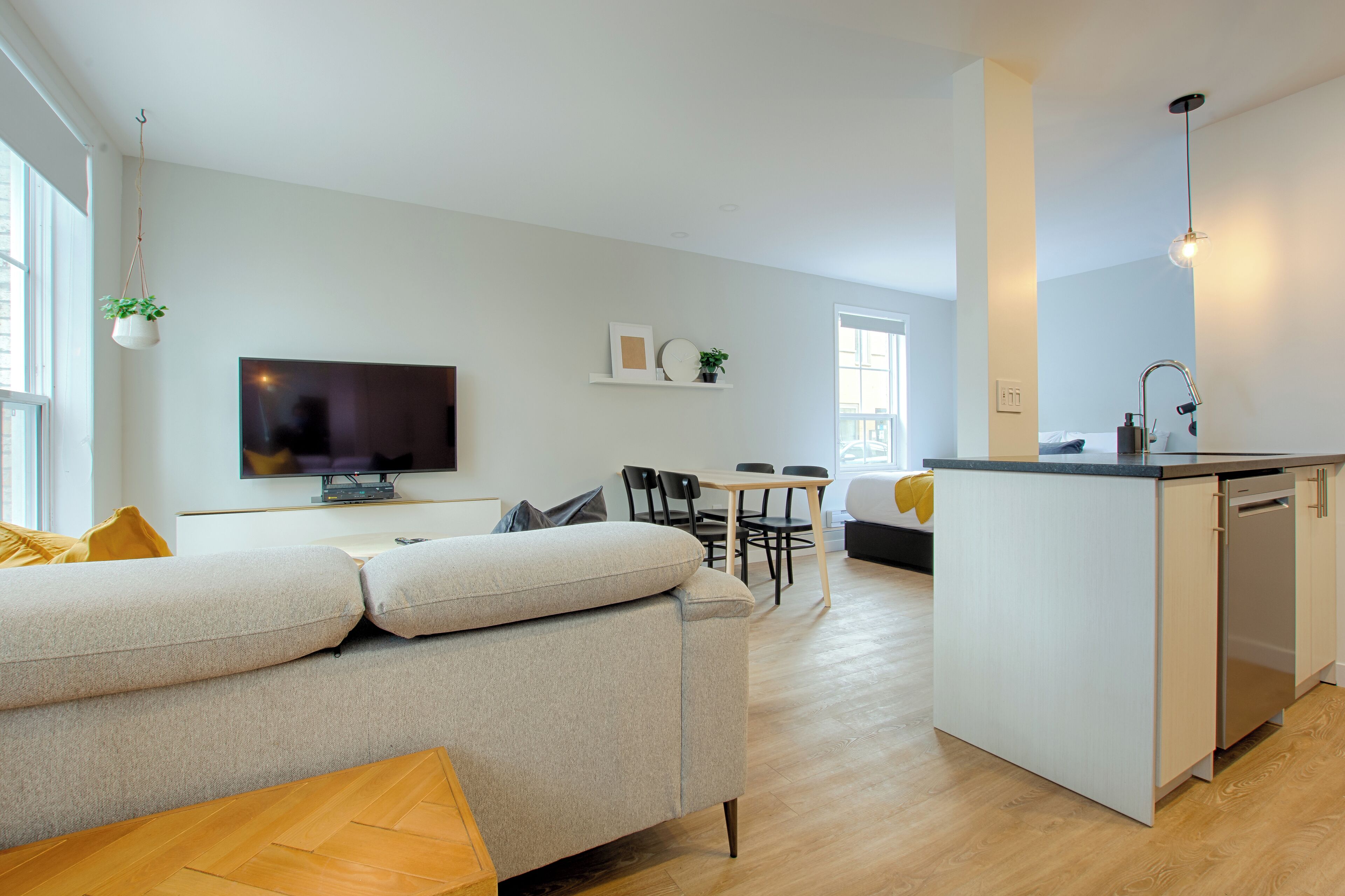 Een moderne woonkamer met een bank, een flatscreen-tv, een eethoek met tafel en stoelen, en een keuken met een vaatwasser.