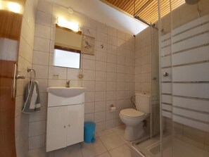 Shower, hair dryer, towels, toilet paper