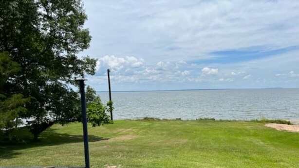 Zona verde con una parrilla y vista a un cuerpo de agua.