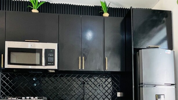 A modern kitchen with black cabinets, a microwave, and a refrigerator. There are two potted plants on the upper cabinets. - Private pool ,  2 bedroom boho villa (Juan Dolio)