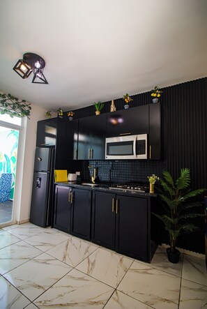 Microwave, stovetop, dishwasher, coffee/tea maker