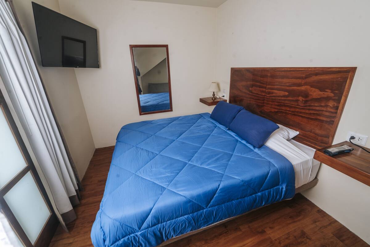 Un dormitorio con una cama grande, cabecera de madera, televisor de pantalla plana montado en la pared, mesita de noche con lámpara y un espejo.