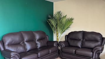 A room with two dark brown leather sofas, a green accent wall, a white ceiling, and a hanging light fixture.