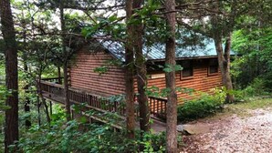 Une cabane en rondins dotée d’une terrasse en bois et d’une rambarde en métal, entourée d’une forêt dense.