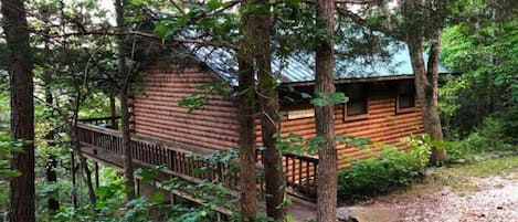 A log cabin with a wooden deck and a metal railing, surrounded by dense forest.