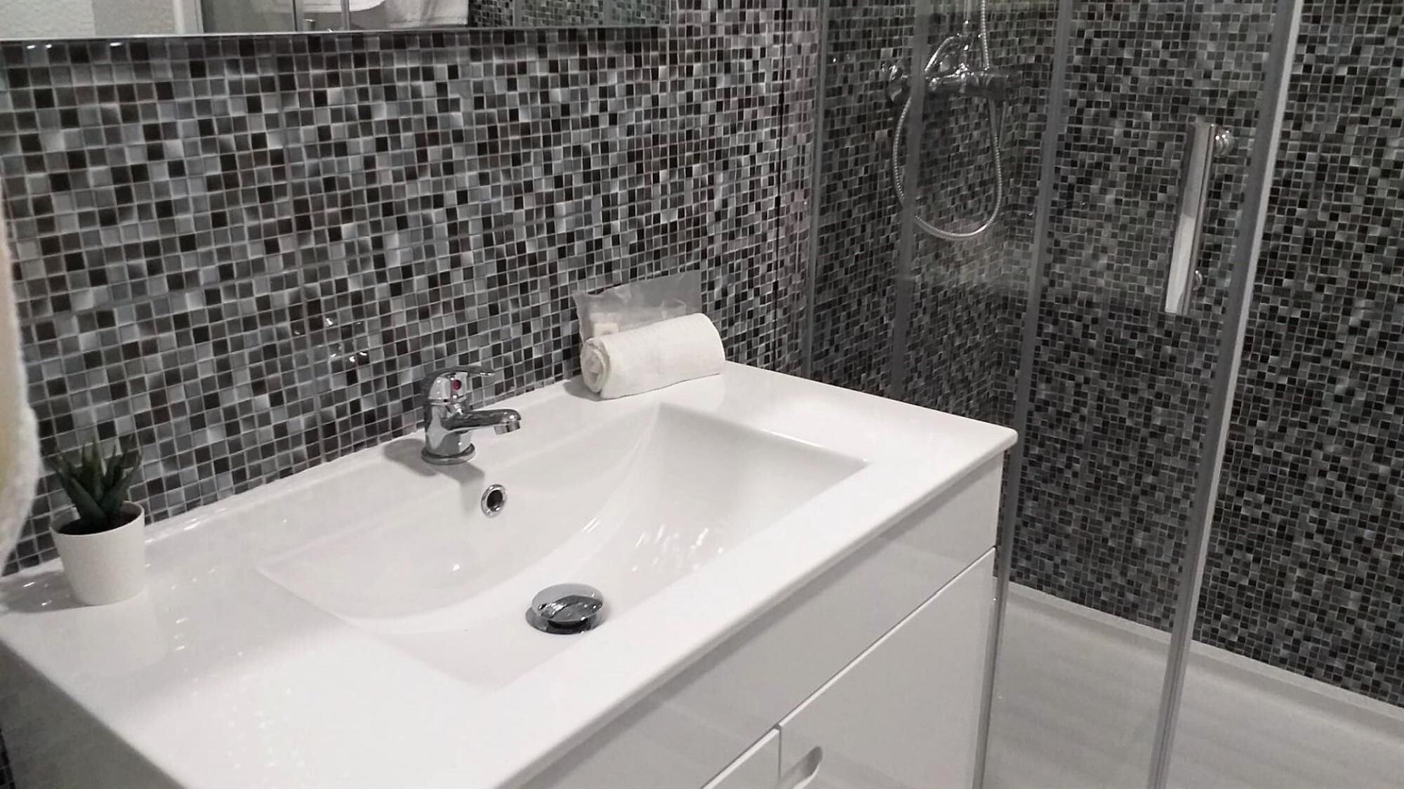 Une salle de bain avec un lavabo blanc, une petite plante en pot, un porte-rouleau de papier toilette et un espace douche doté d’une porte en verre.