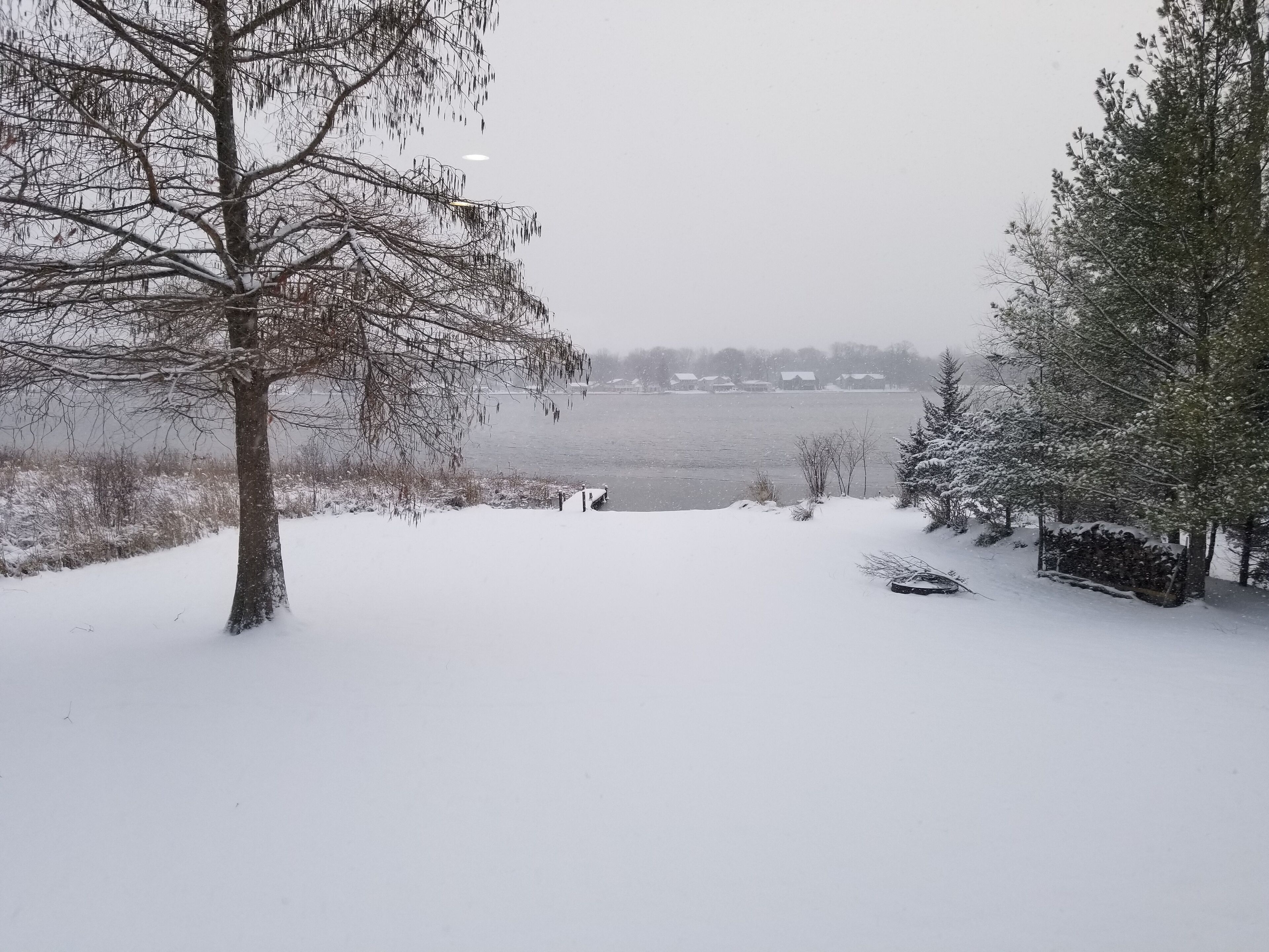 Paesaggio innevato con un lago, alberi e un molo.