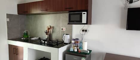 Fridge, microwave, stovetop, electric kettle
