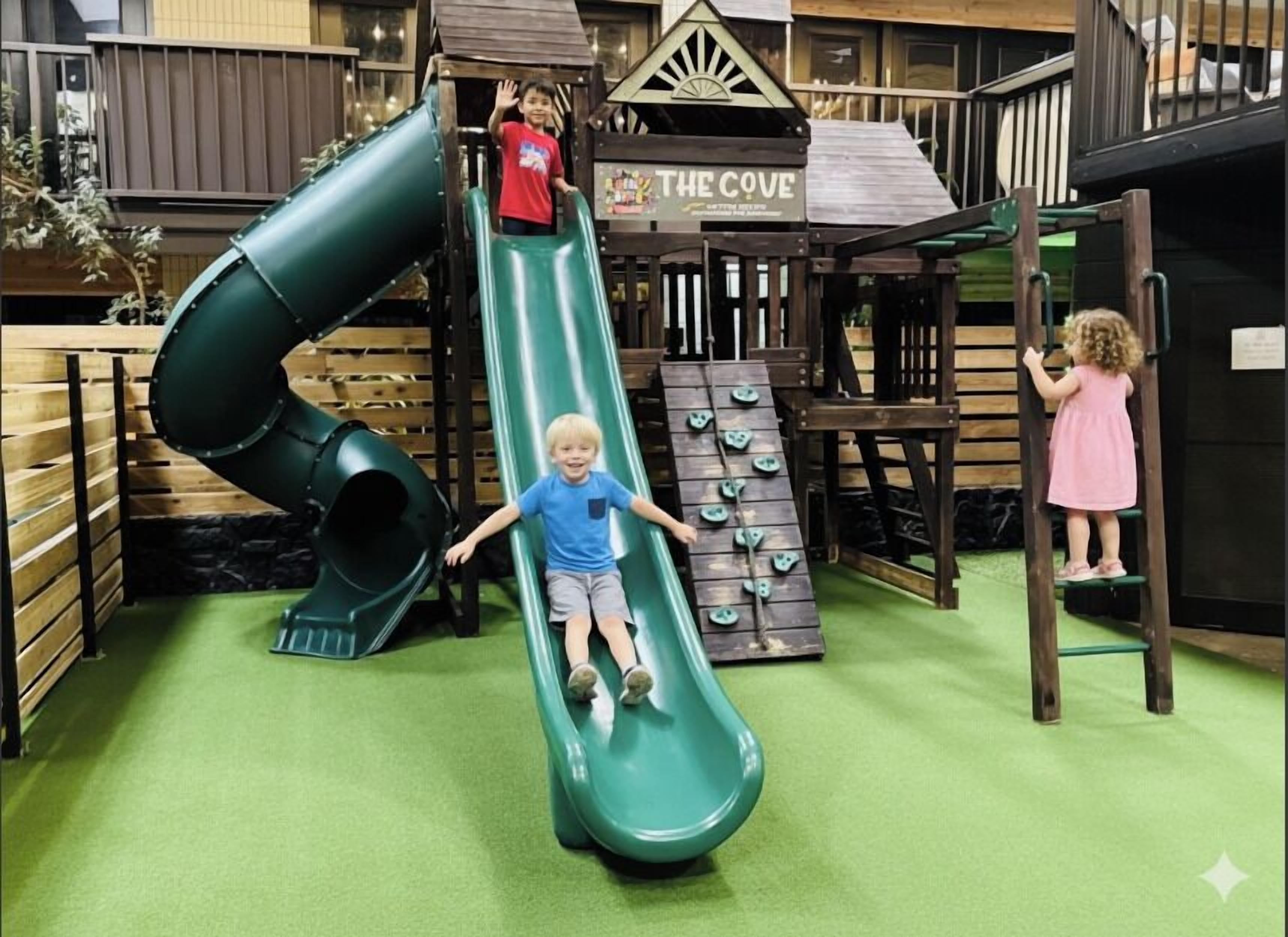 A playground with a slide, climbing wall, and a sign that reads "The Cove".
