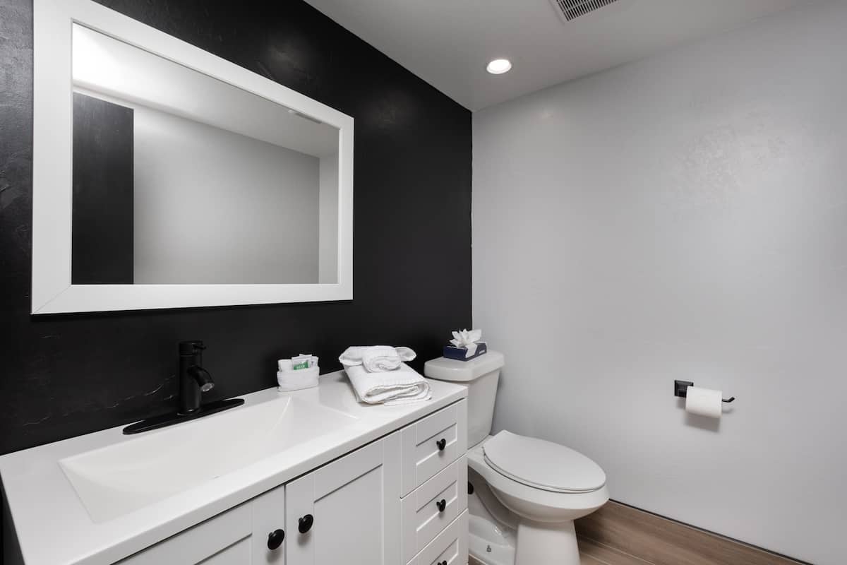deluxe suite | bathroom | combined shower/bathtub, hair dryer, towels, soap