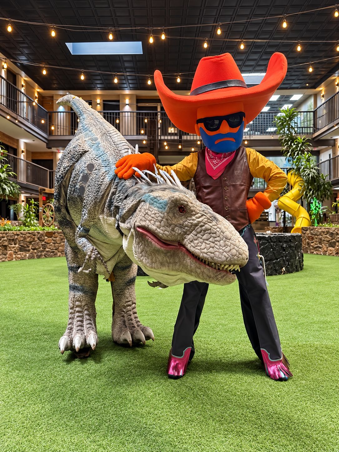 A dinosaur mascot and a person in cowboy attire in a spacious indoor area with artificial grass, railings, and plants.
