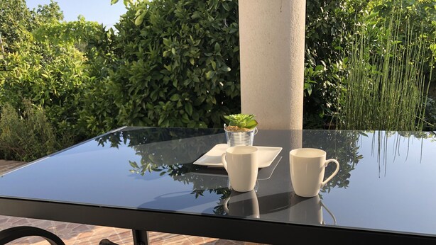 A glass-top table with two white cups and a small potted plant. - Apartment 100m from sea, with covered terrace, citrus trees (Sveti Filip i Jakov)