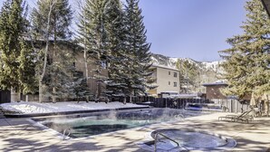 Un espace piscine avec un jacuzzi, entouré d’un paysage enneigé et de grands arbres à feuilles persistantes.