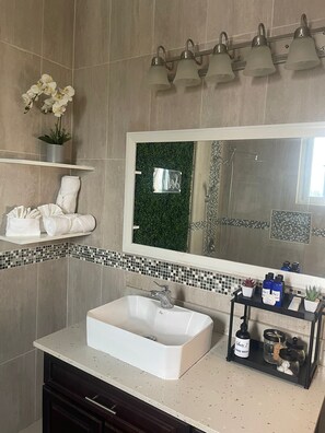 Shower, hair dryer, towels, soap - Beautiful 2 Bedroom Unit (Kingston)