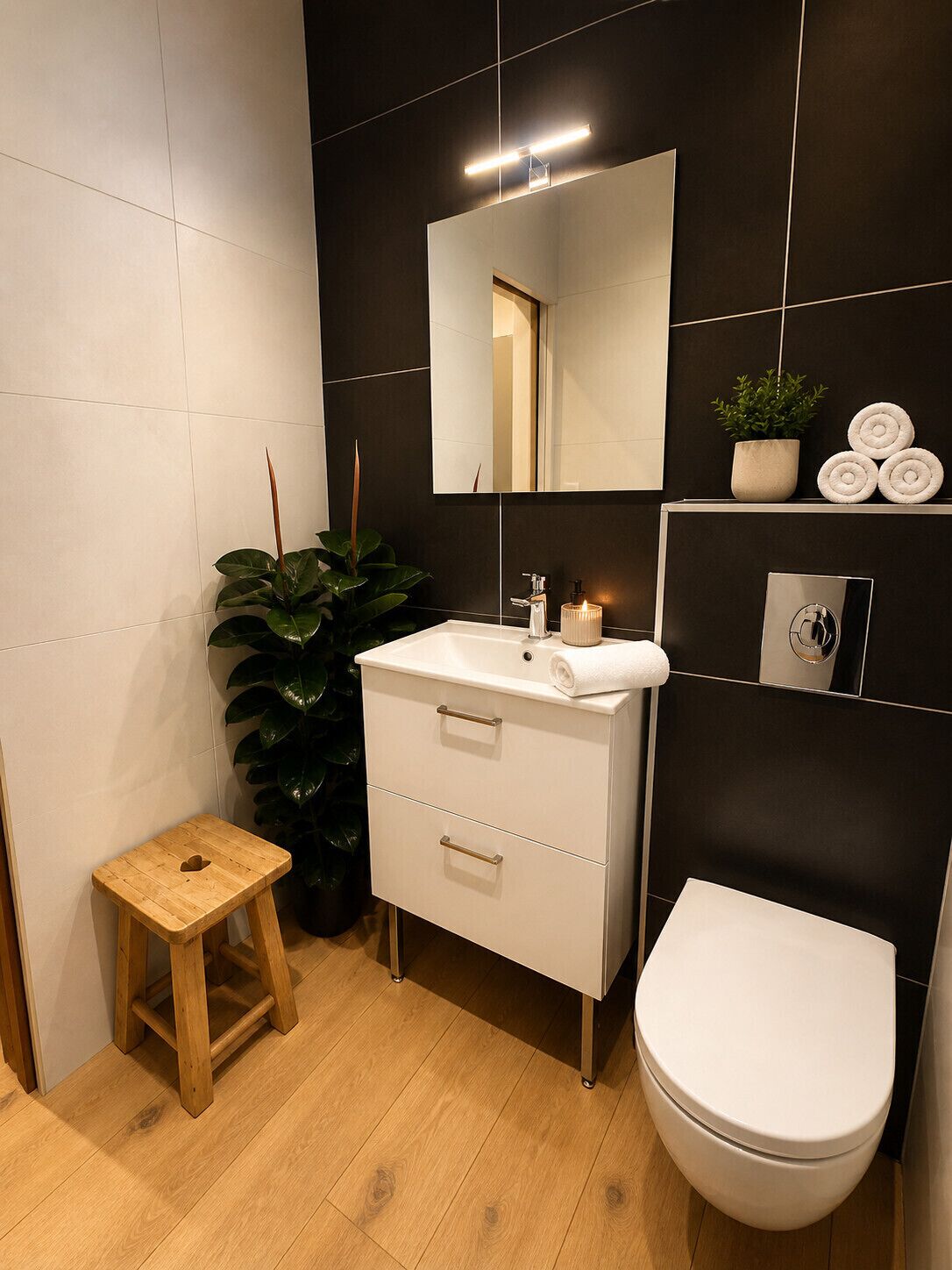 A modern bathroom with a white sink, a mirror, a toilet, and a small wooden stool.