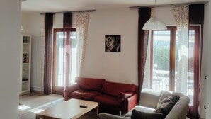 Ein Wohnzimmer mit einem roten Sofa, einem grauen Sofa und einem Holztisch. Ein Heizkörper und eine Vitrine mit Glastüren sind ebenfalls vorhanden.