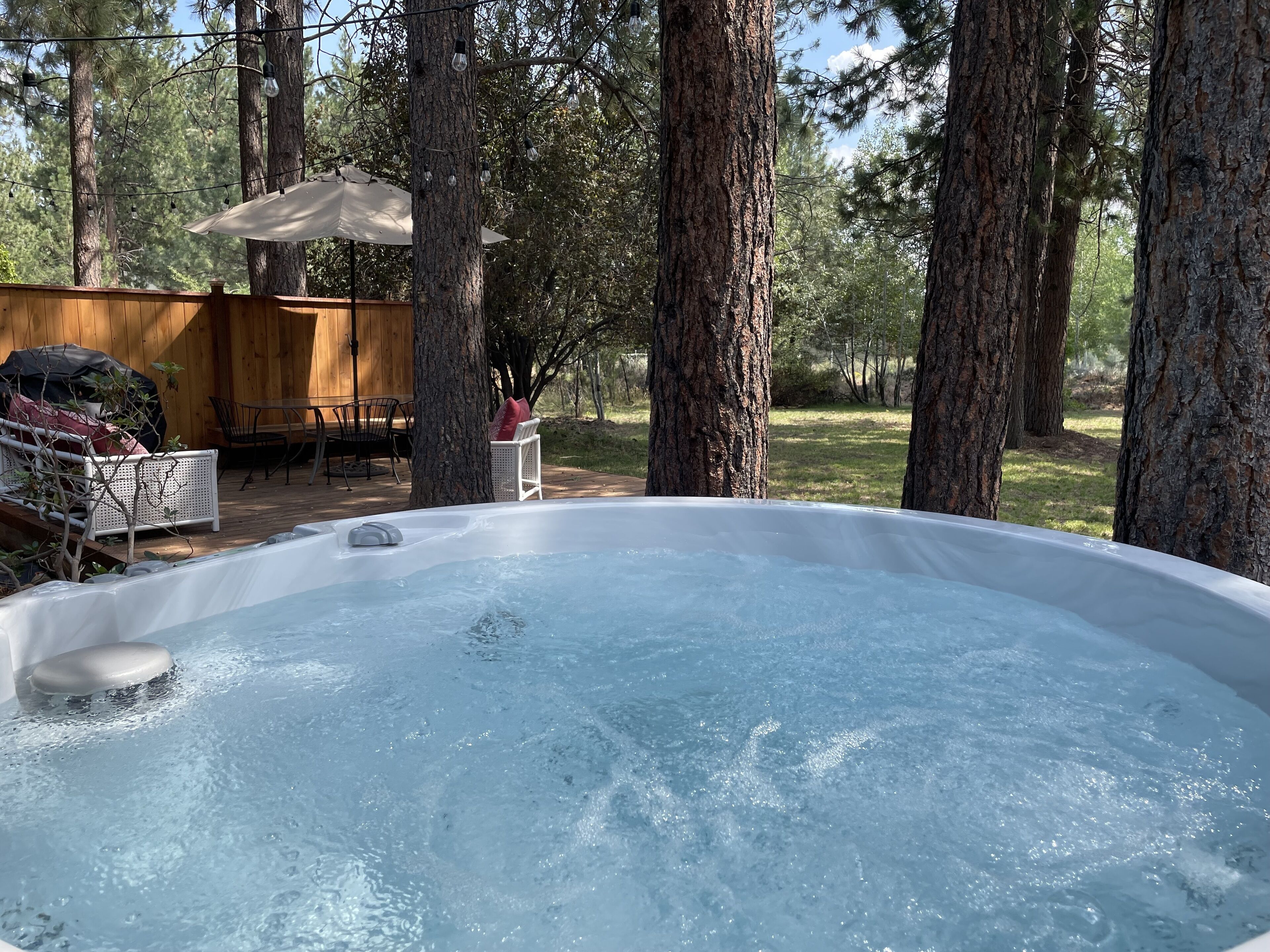Een hottub omringd door bomen, met een houten terras en tuinmeubilair.