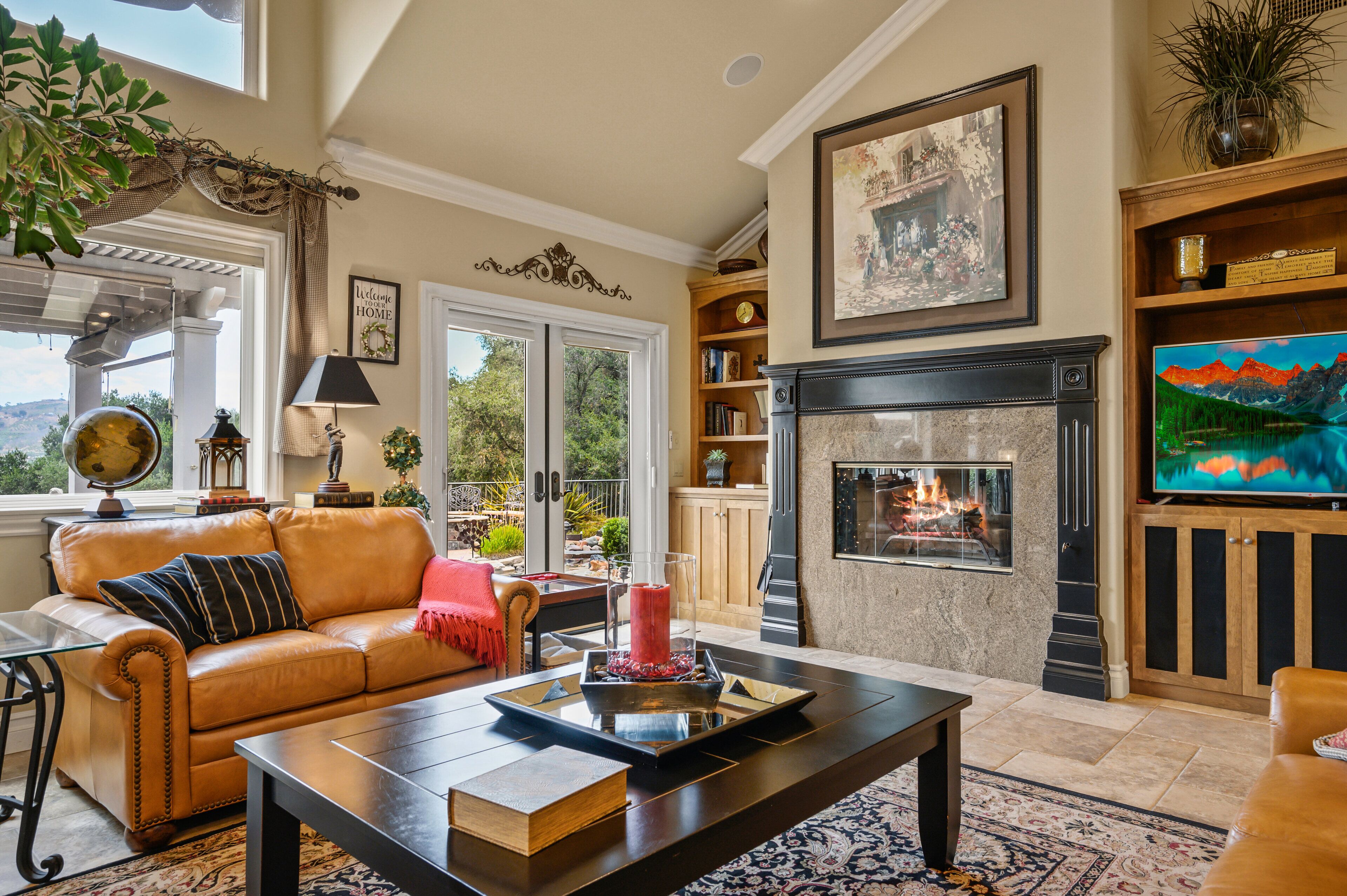 Smart TV, chimenea y libros 