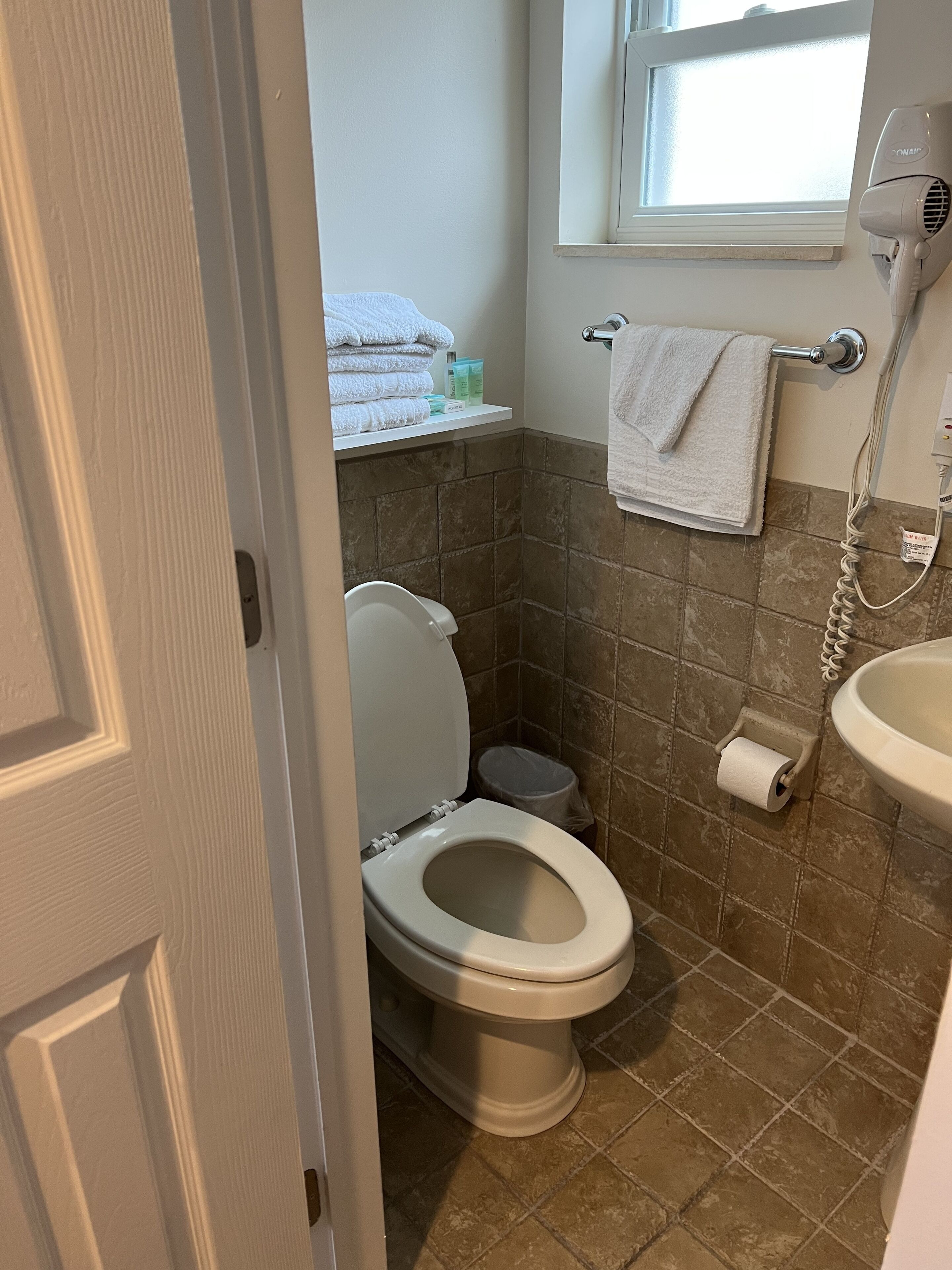 A bathroom with a toilet, a sink, and a window.