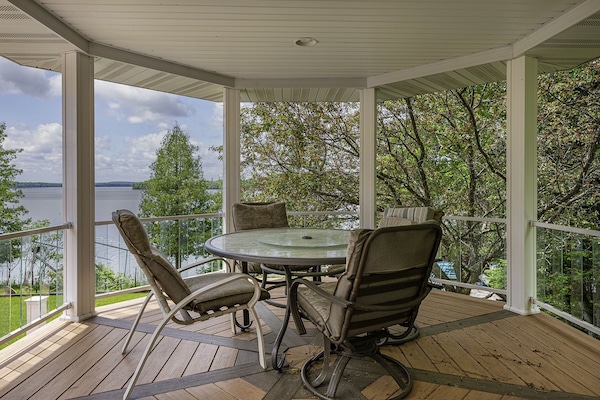 View of Chicagoan Lake from the covered deck dining area.