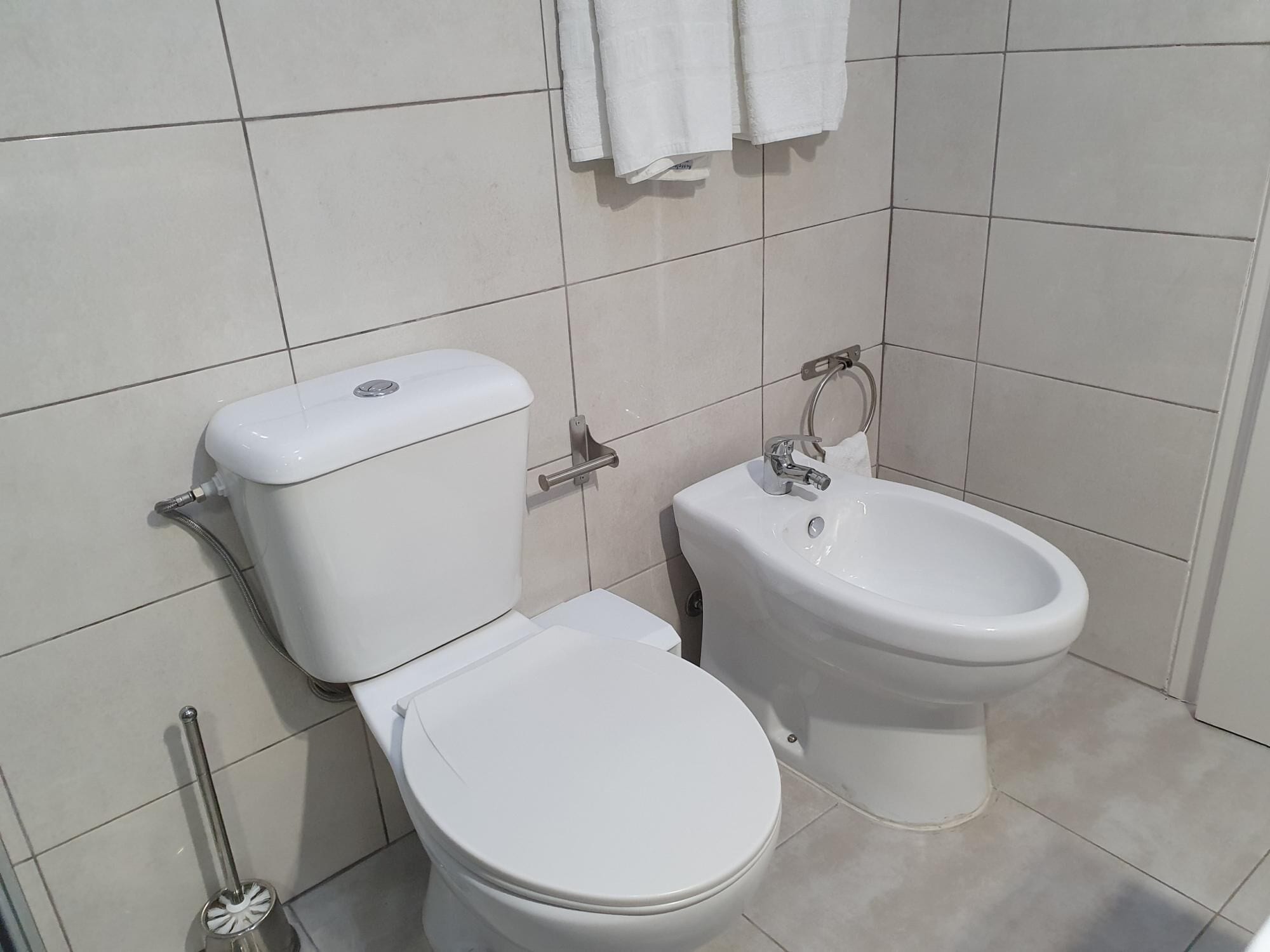 Een badkamer met toilet en bidet, beide wit, inclusief een toiletborstel en een handdoekhouder aan de muur.