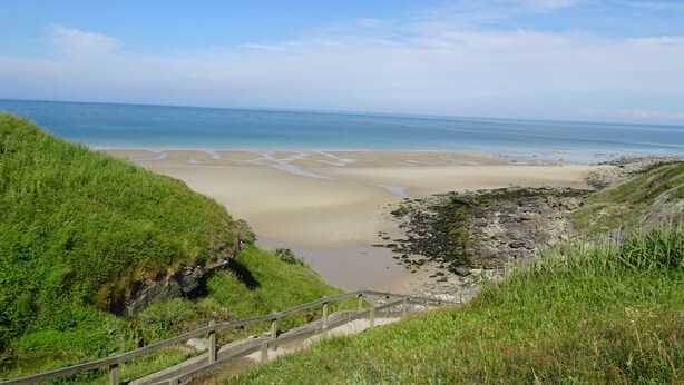 Un paysage côtier avec une plage de sable, des falaises herbeuses et un escalier en bois qui descend vers la rive.