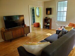 Smart TV, fireplace, books