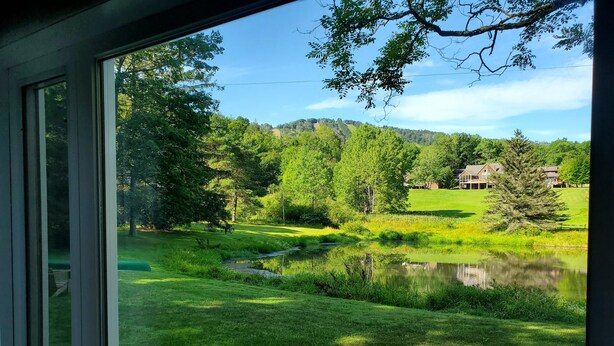 A view through a window of a lush green landscape with a pond, trees, and a distant house. - New Elk Mtn Listing: Cozy family ski house -- 2 min from Elk! (Union Dale)