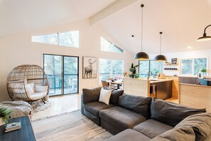 Smart TV, caminetto, libri, impianto stereo