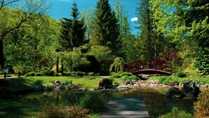 Un jardín tranquilo con un estanque, un puente de madera y abundante vegetación.