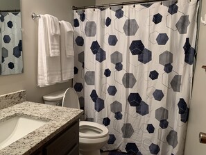 Combined shower/tub, hair dryer, towels, toilet paper
