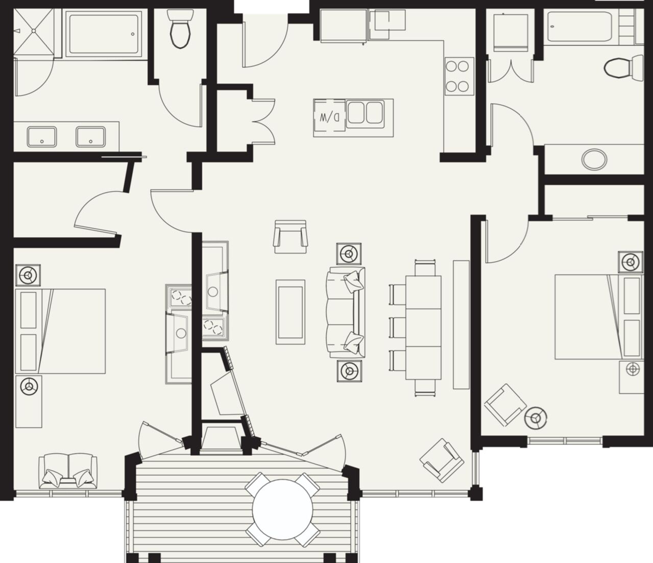 Een plattegrond van een hotelkamer met een bed, een bureau, een stoel, een klein tafeltje, een bank en een raam.