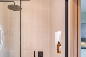 Combined shower/tub, hair dryer, towels