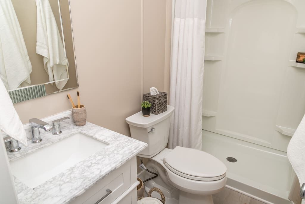 Un bany amb un lavabo blanc, un vàter i una zona de dutxa.