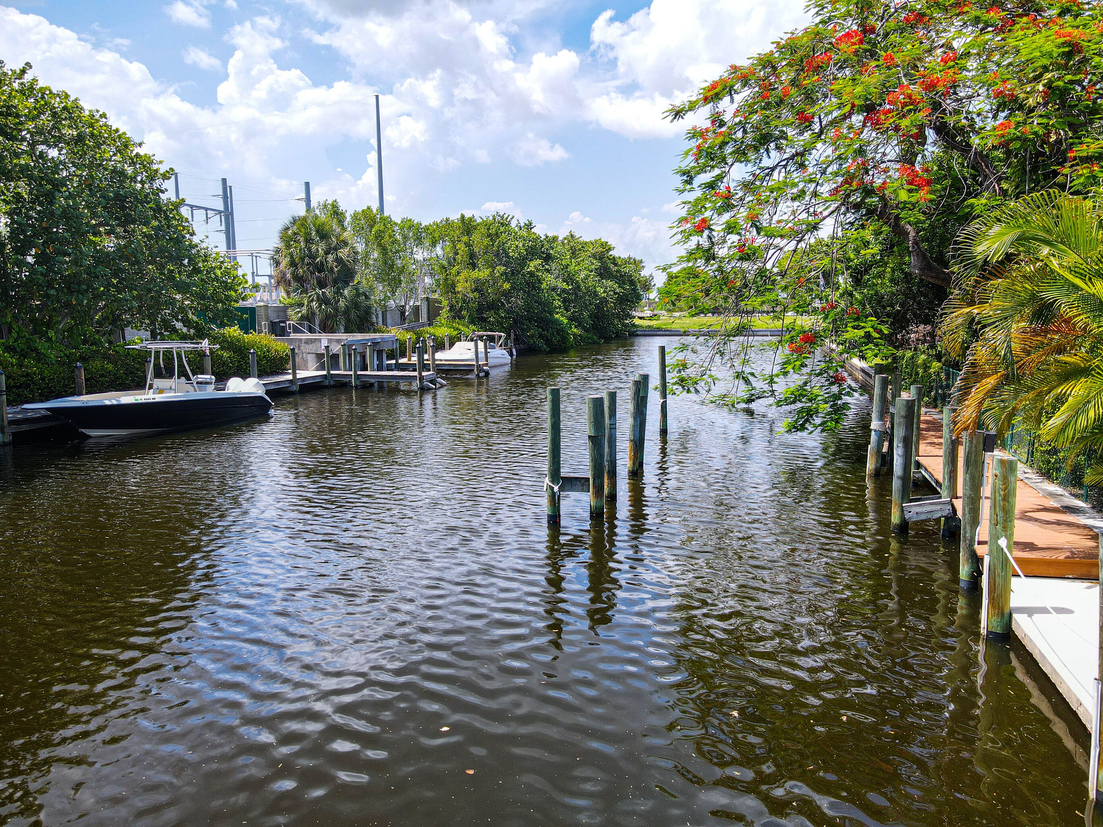 A calm river with boats docked on the left, surrounded by lush greenery and trees.