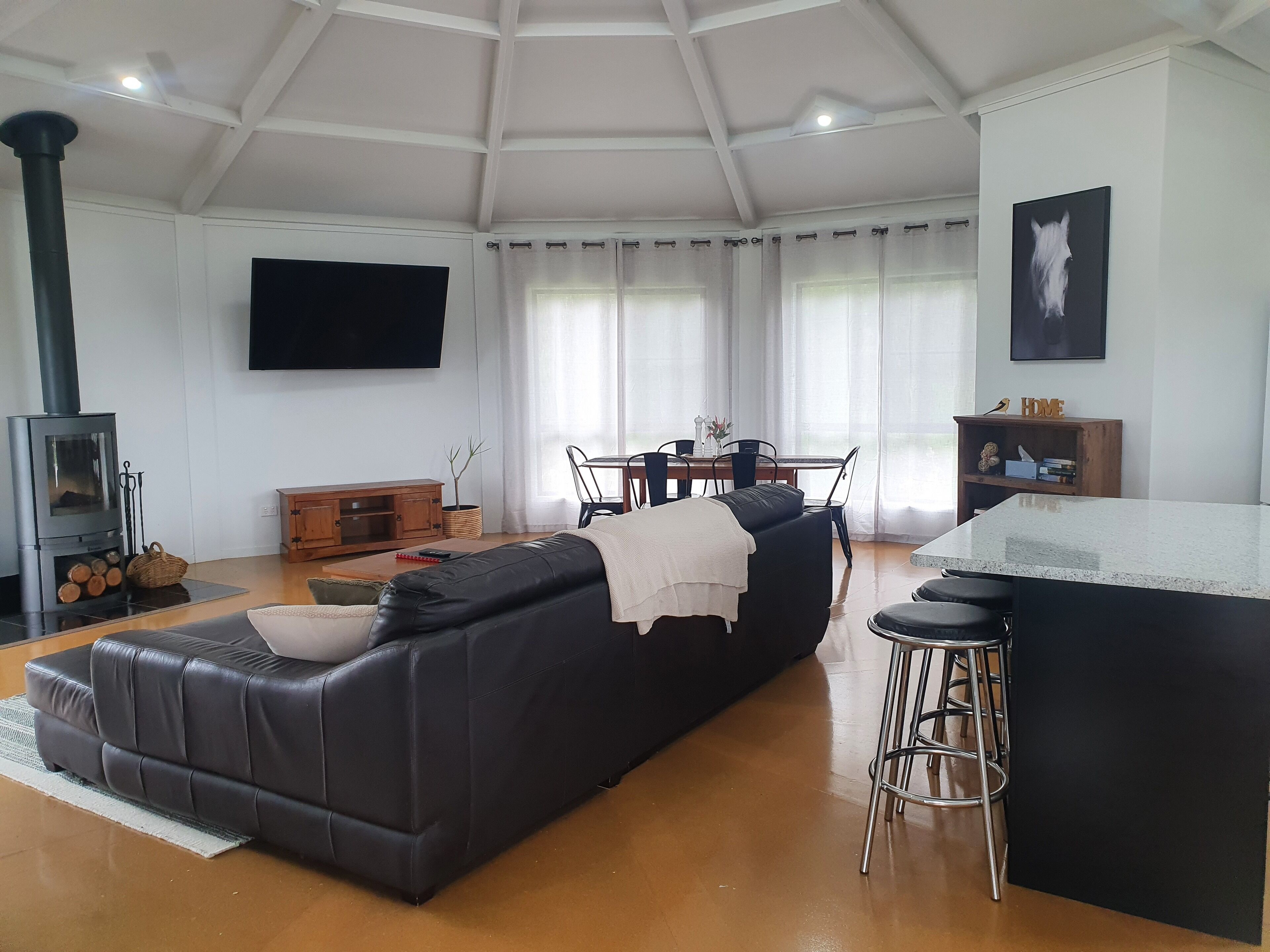 Smart TV, fireplace, DVD player, books