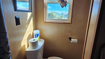 Bathtub, towels, soap, toilet paper