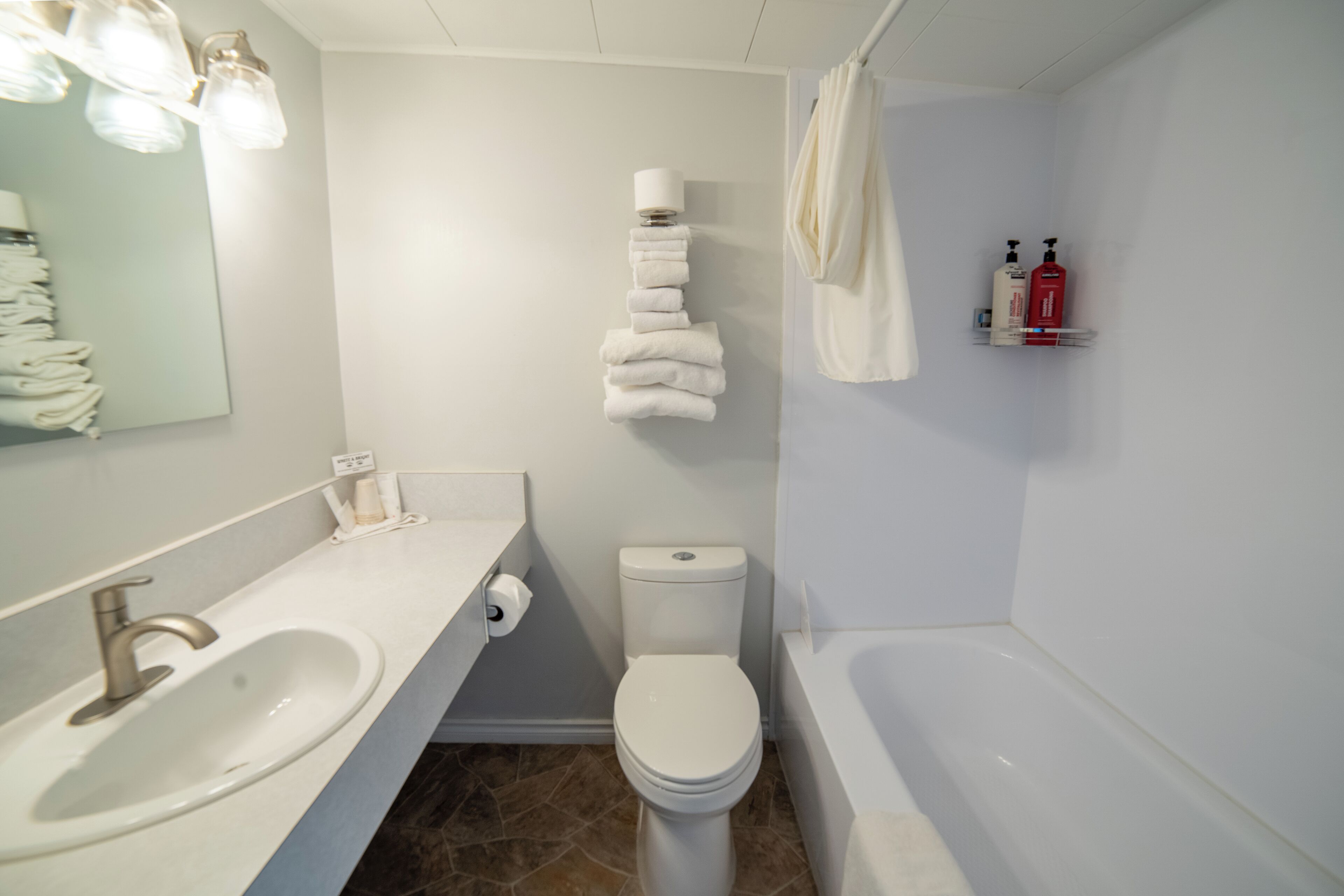 A bathroom with a sink, toilet, and bathtub. There are towels stacked on the wall, and toiletries on a shelf.