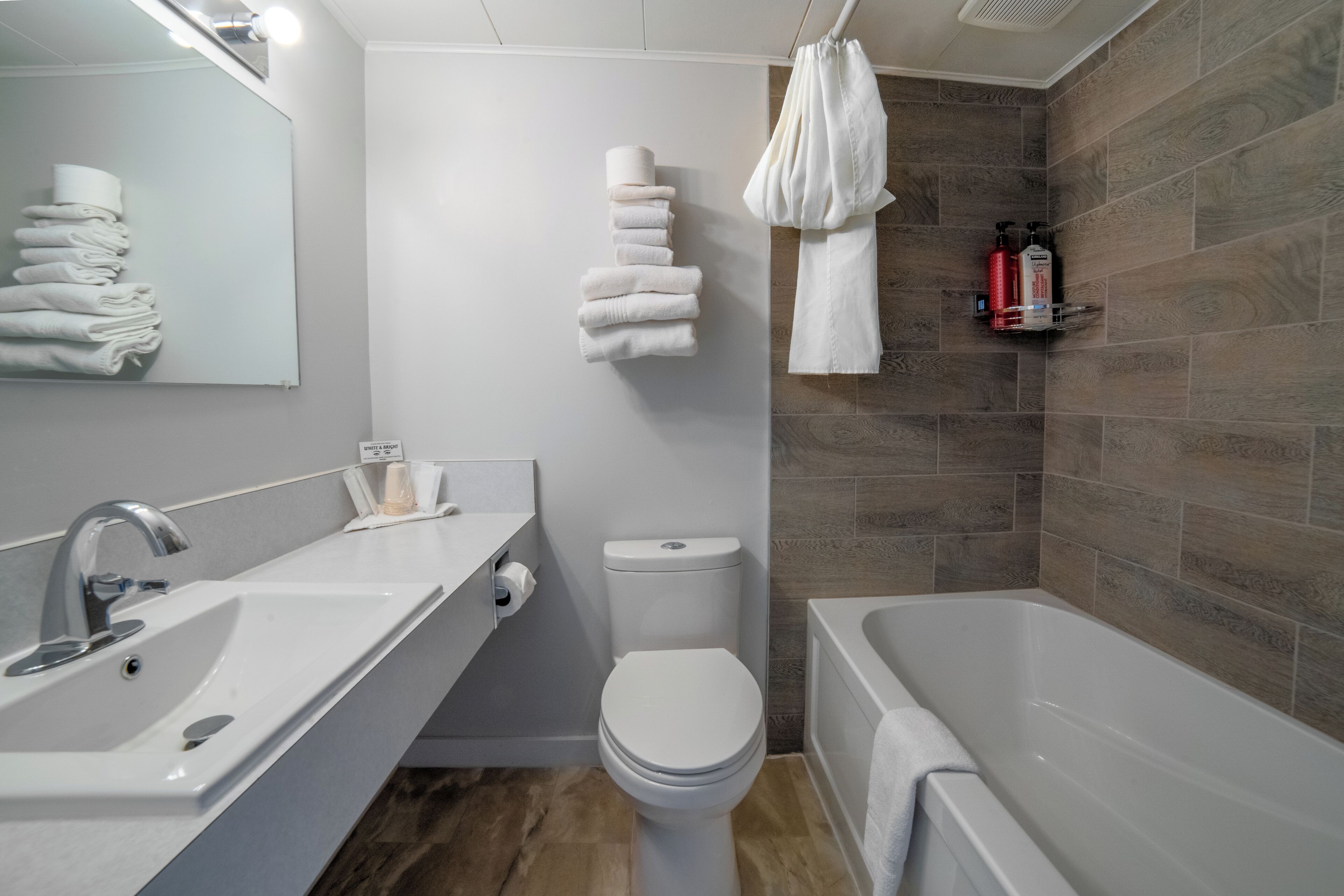 Combined shower/bathtub, hair dryer, towels