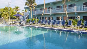 Outdoor pool, pool umbrellas, pool loungers