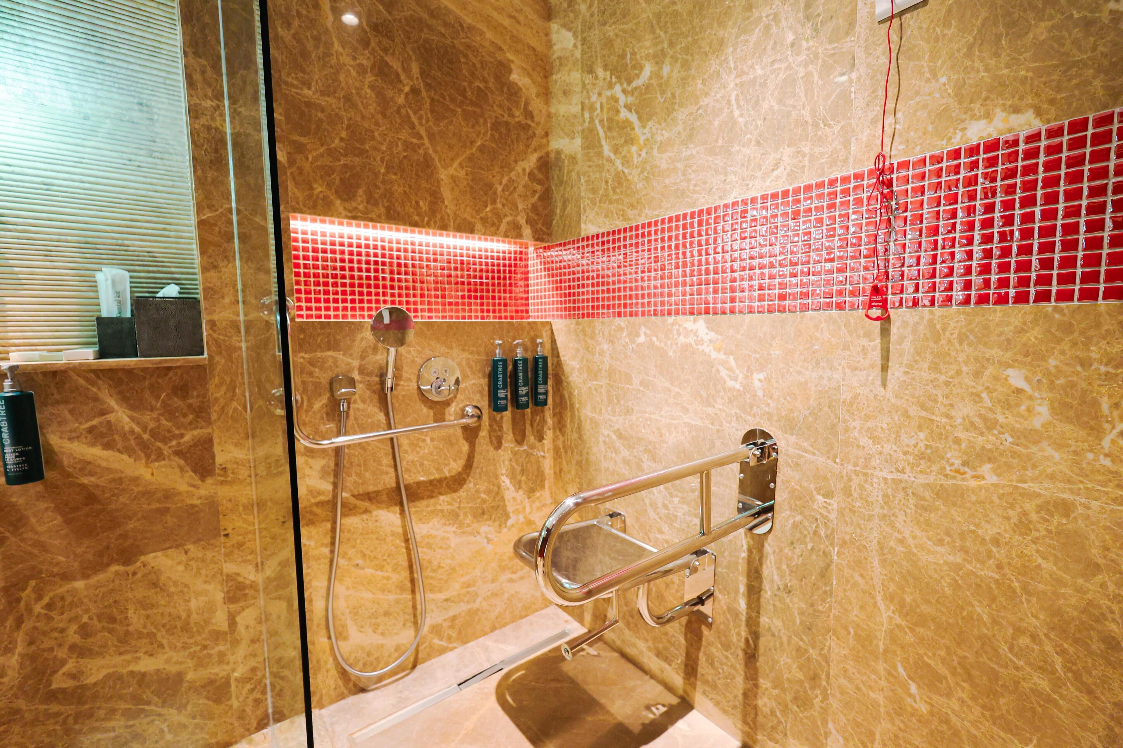 A bathroom with a glass-enclosed shower, a handrail, and a red tiled accent wall.