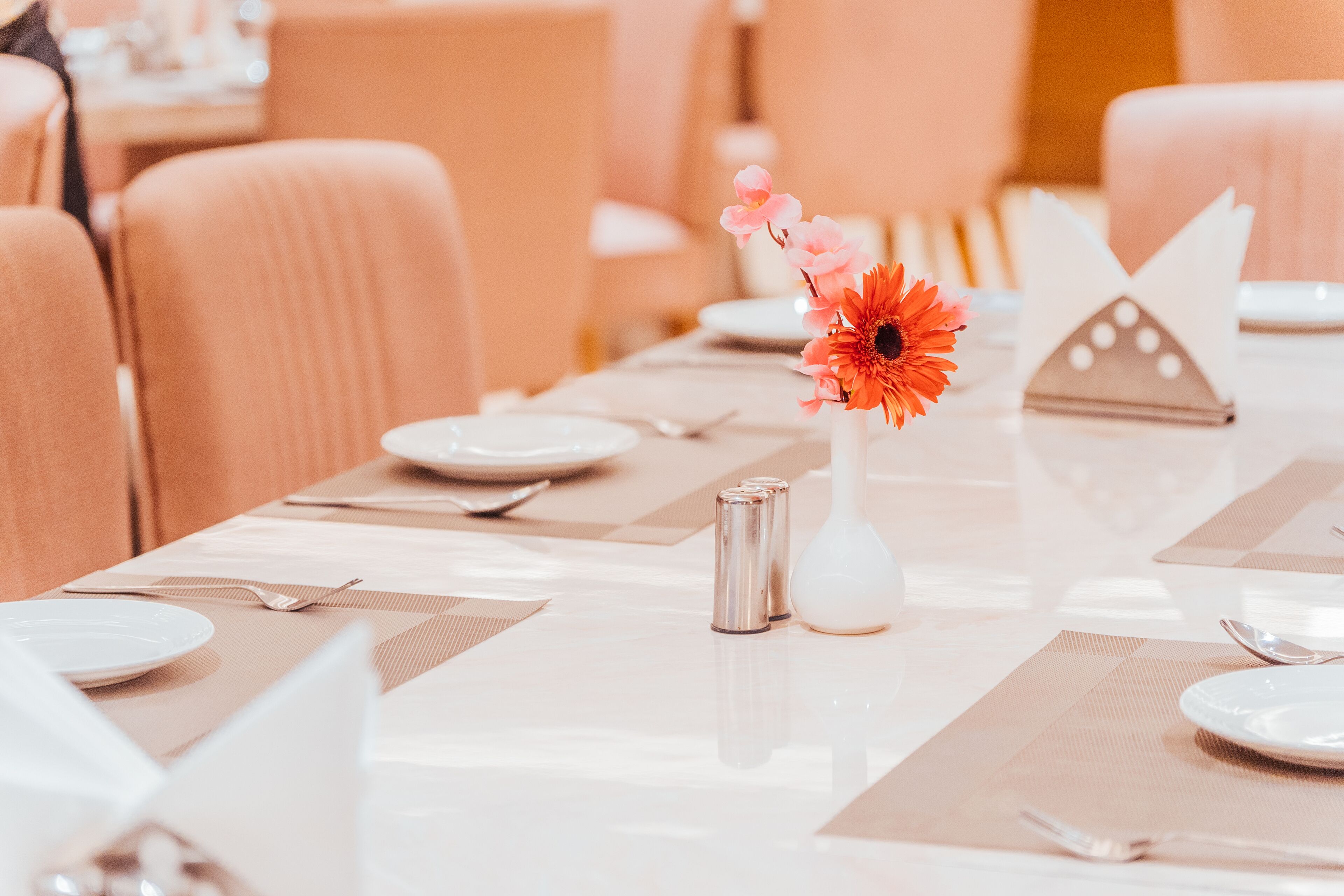 A dining table set with plates, cutlery, and a vase with flowers.