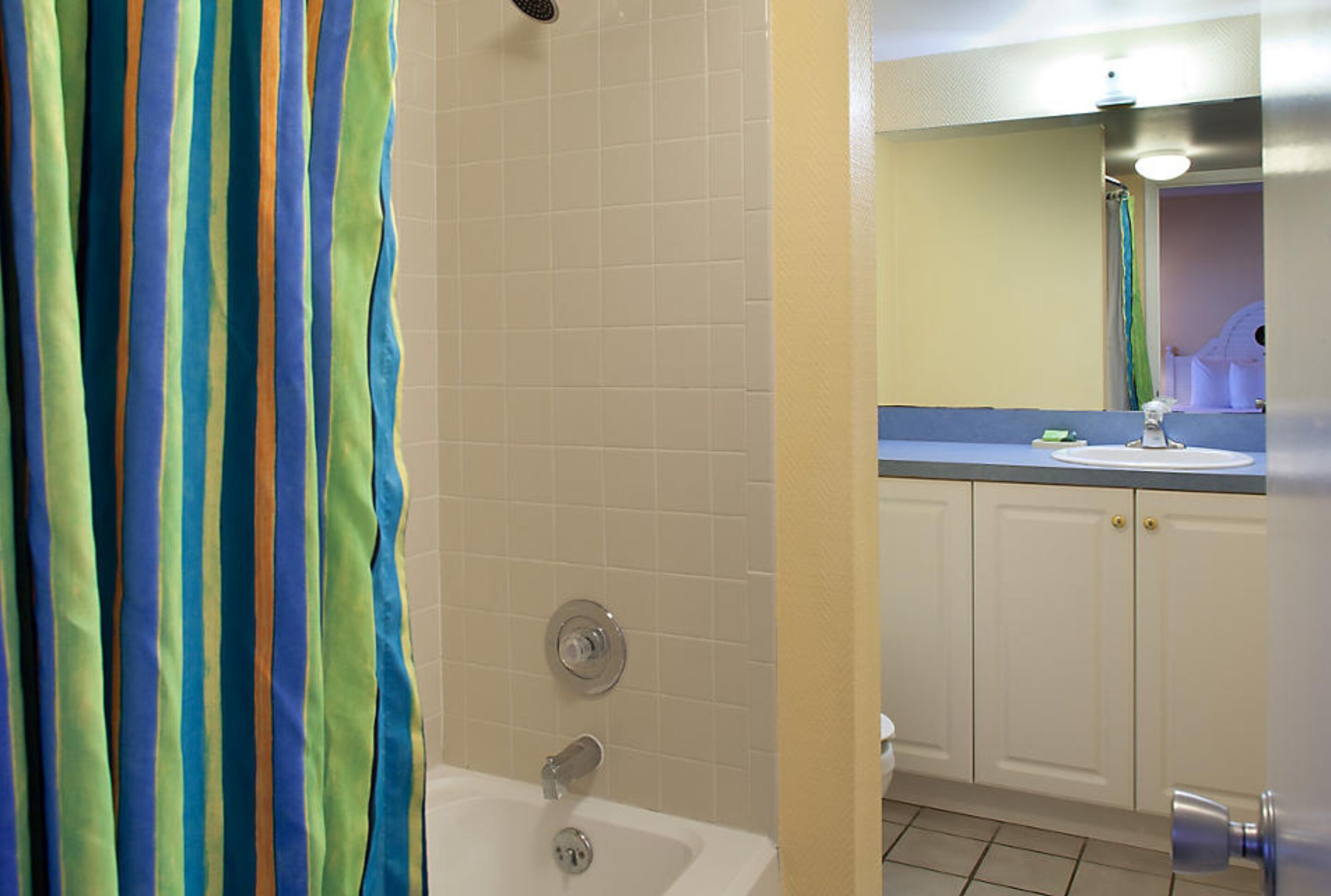 Une salle de bain avec un rideau de douche, une baignoire, un lavabo et un miroir.