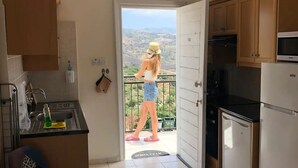 A kitchen with a view to a balcony, a clock on the wall, and a door leading outside.