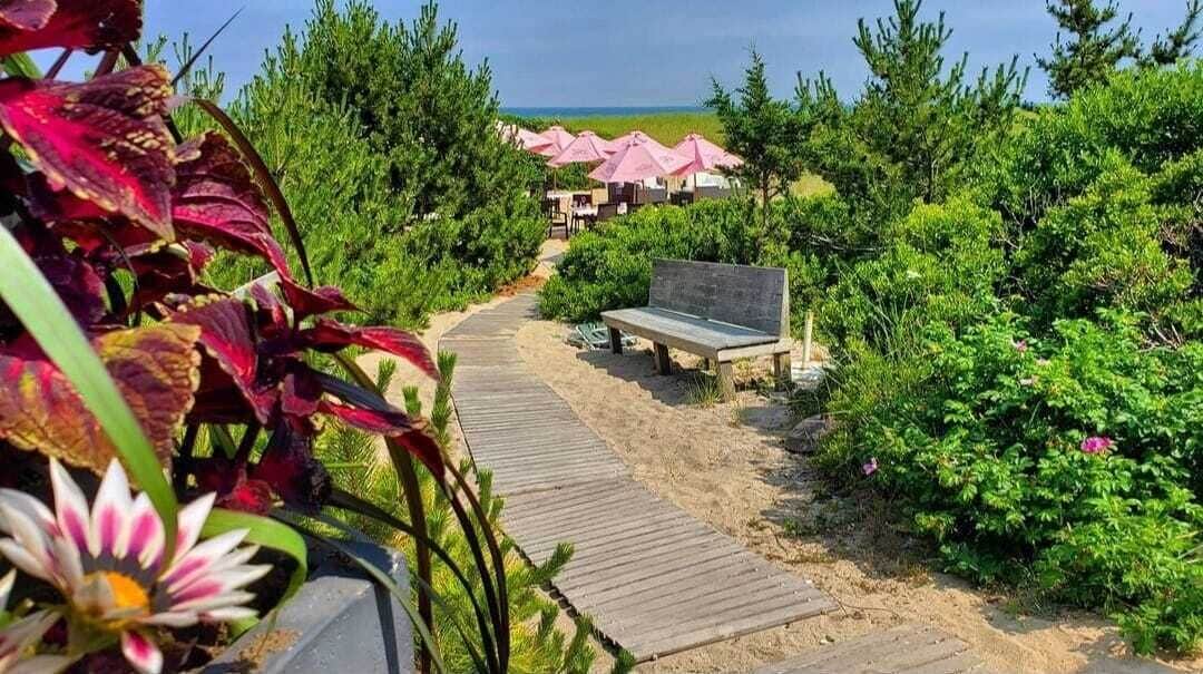 Un sendero de madera que lleva a una zona de playa con sombrillas rosas y una banca.
